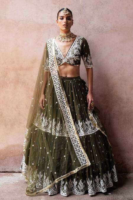 Buy_Preevin_Olive Green Chanderi Silk, Tulle Sequins, Forest Lehenga Set With Dupatta _Online_at_Aza_Fashions