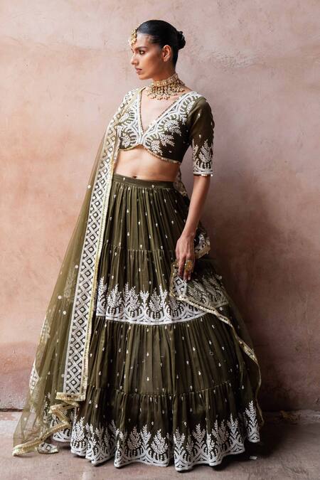Buy_Preevin_Olive Green Chanderi Silk, Tulle Sequins, Forest Lehenga Set With Dupatta 