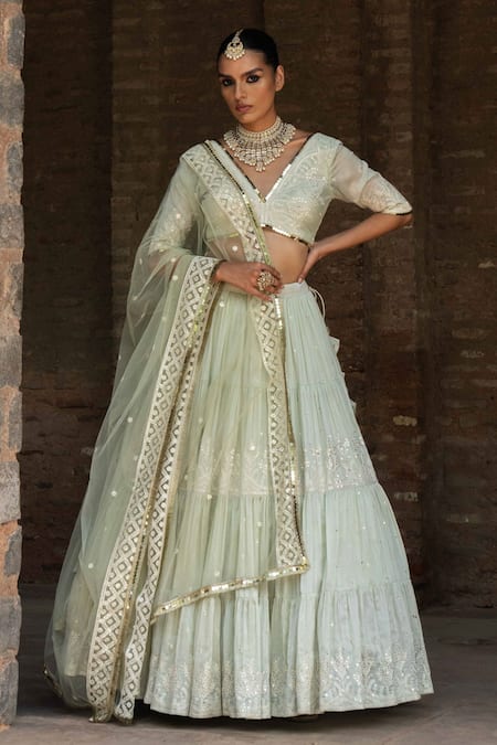 Preevin Mint Chanderi Silk, Tulle Sequins, Embroidery Round Forest Lehenga With Dupatta