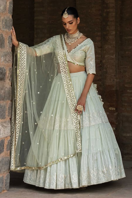 Preevin_Mint Chanderi Silk, Tulle Sequins, Embroidery Round Forest Lehenga With Dupatta _Online_at_Aza_Fashions