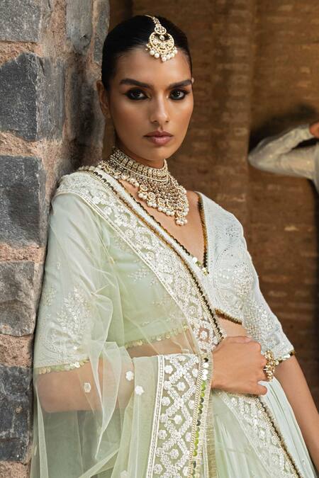 Buy_Preevin_Mint Chanderi Silk, Tulle Sequins, Embroidery Round Forest Lehenga With Dupatta _Online_at_Aza_Fashions