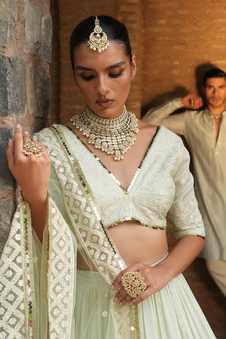 Shop_Preevin_Mint Chanderi Silk, Tulle Sequins, Embroidery Round Forest Lehenga With Dupatta _Online_at_Aza_Fashions