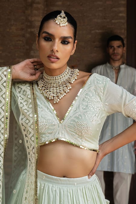 Preevin_Mint Chanderi Silk, Tulle Sequins, Embroidery Round Forest Lehenga With Dupatta _at_Aza_Fashions