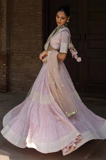 Preevin Onion Pink Big Border Lehenga Set With Embroidered Dupatta 