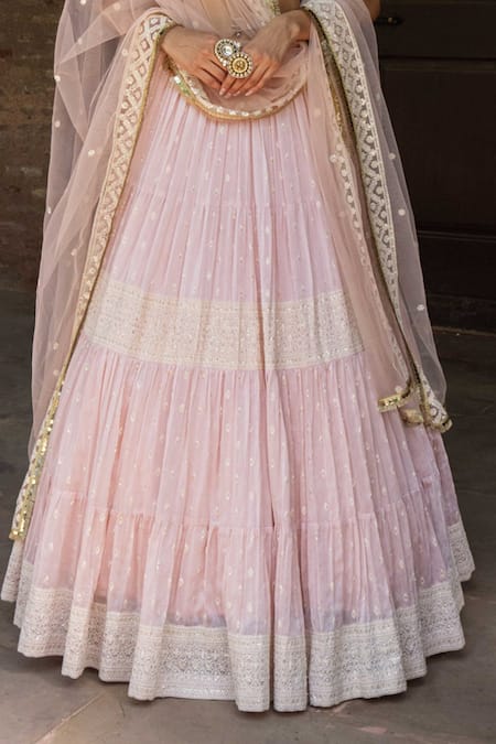 Preevin_Pink Chanderi Silk, Tulle Sequins, Onion Big Border Lehenga Set With Dupatta _Online_at_Aza_Fashions