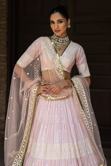 Buy_Preevin_Pink Chanderi Silk, Tulle Sequins, Onion Big Border Lehenga Set With Dupatta _Online_at_Aza_Fashions