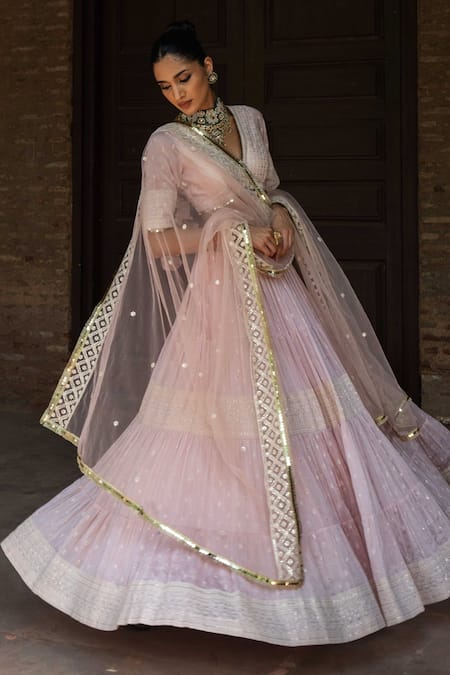 Shop_Preevin_Pink Chanderi Silk, Tulle Sequins, Onion Big Border Lehenga Set With Dupatta _Online_at_Aza_Fashions