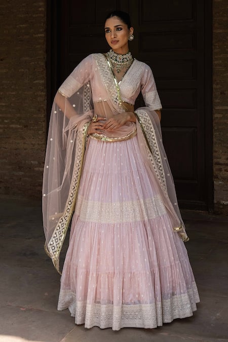 Preevin_Pink Chanderi Silk, Tulle Sequins, Onion Big Border Lehenga Set With Dupatta _at_Aza_Fashions