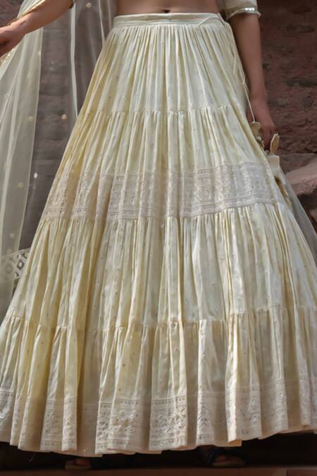 Preevin_Yellow Chanderi Silk, Tulle Sequins, Lemon Big Border Lehenga Set With Dupatta _Online_at_Aza_Fashions