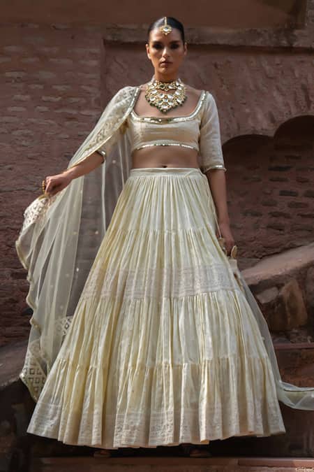 Buy_Preevin_Yellow Chanderi Silk, Tulle Sequins, Lemon Big Border Lehenga Set With Dupatta _Online_at_Aza_Fashions