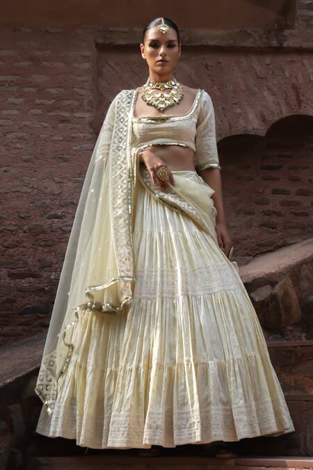 Shop_Preevin_Yellow Chanderi Silk, Tulle Sequins, Lemon Big Border Lehenga Set With Dupatta _Online_at_Aza_Fashions