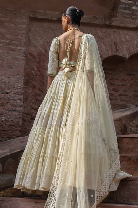 Preevin Lemon Big Border Lehenga Set With Embroidered Dupatta 