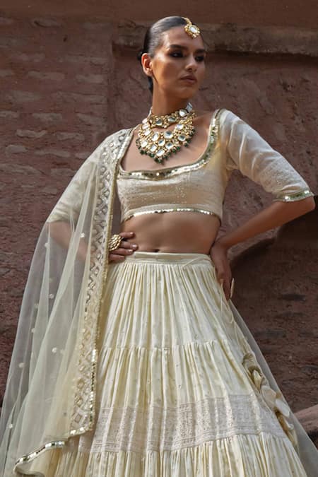 Preevin_Yellow Chanderi Silk, Tulle Sequins, Lemon Big Border Lehenga Set With Dupatta _at_Aza_Fashions