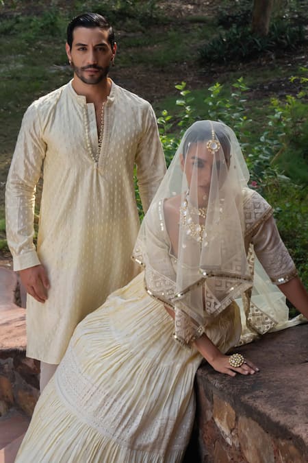 Shop_Preevin_Yellow Chanderi Silk, Tulle Sequins, Lemon Big Border Lehenga Set With Dupatta 