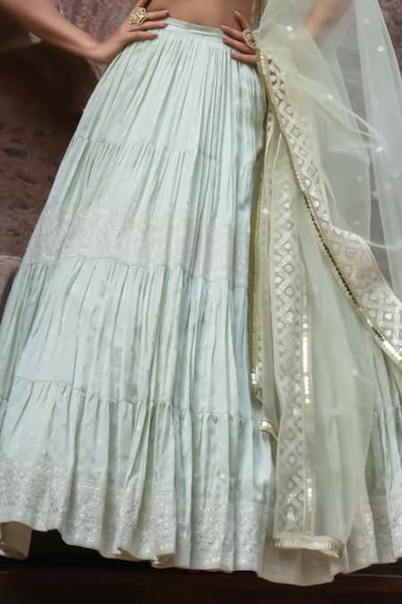 Preevin_Mint Chanderi Silk, Tulle Sequins, Big Border Lehenga Set With Dupatta _Online_at_Aza_Fashions