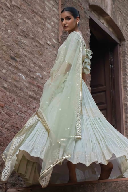 Buy_Preevin_Mint Chanderi Silk, Tulle Sequins, Big Border Lehenga Set With Dupatta _Online_at_Aza_Fashions