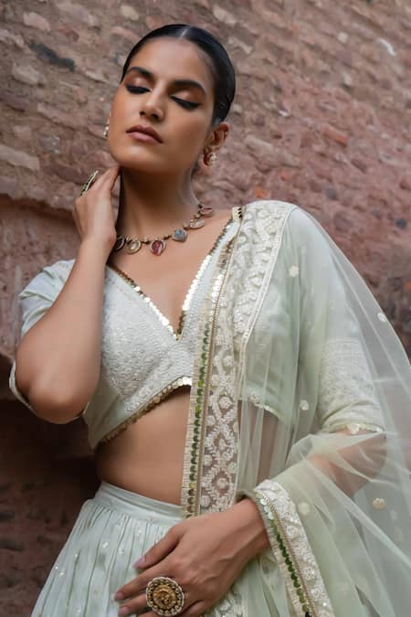Shop_Preevin_Mint Chanderi Silk, Tulle Sequins, Big Border Lehenga Set With Dupatta _Online_at_Aza_Fashions