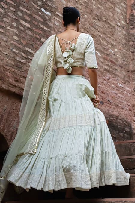 Preevin Mint Big Border Lehenga Set With Embroidered Dupatta 