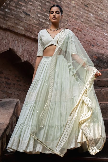 Preevin_Mint Chanderi Silk, Tulle Sequins, Big Border Lehenga Set With Dupatta _at_Aza_Fashions