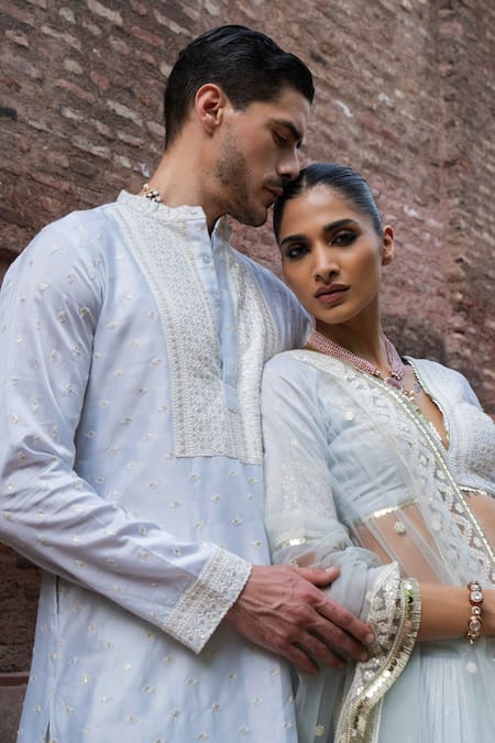 Preevin_Blue Chanderi Silk, Tulle Sequins, Ice Big Border Lehenga With Dupatta _Online_at_Aza_Fashions