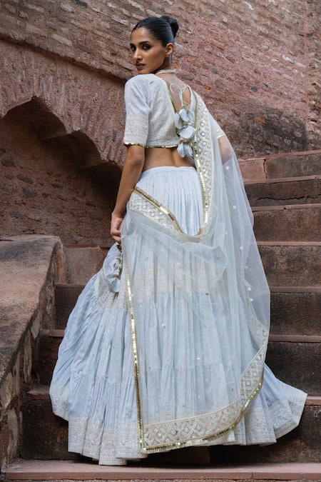 Preevin Ice Blue Big Border Lehenga With Embroidered Dupatta 