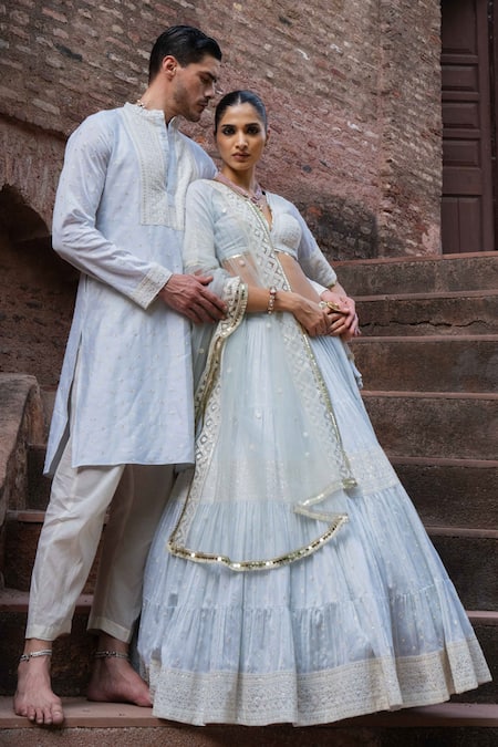 Buy_Preevin_Blue Chanderi Silk, Tulle Sequins, Ice Big Border Lehenga With Dupatta _Online_at_Aza_Fashions
