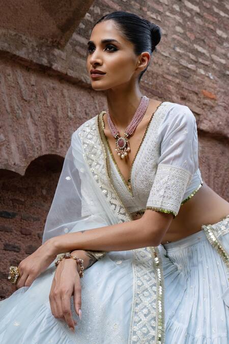 Shop_Preevin_Blue Chanderi Silk, Tulle Sequins, Ice Big Border Lehenga With Dupatta _Online_at_Aza_Fashions