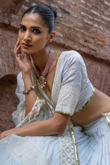 Preevin_Blue Chanderi Silk, Tulle Sequins, Ice Big Border Lehenga With Dupatta _at_Aza_Fashions