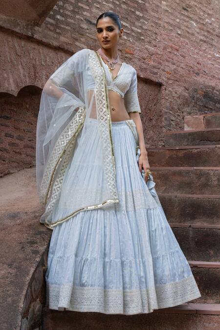 Buy_Preevin_Blue Chanderi Silk, Tulle Sequins, Ice Big Border Lehenga With Dupatta 