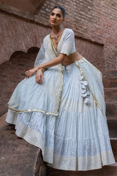 Shop_Preevin_Blue Chanderi Silk, Tulle Sequins, Ice Big Border Lehenga With Dupatta 