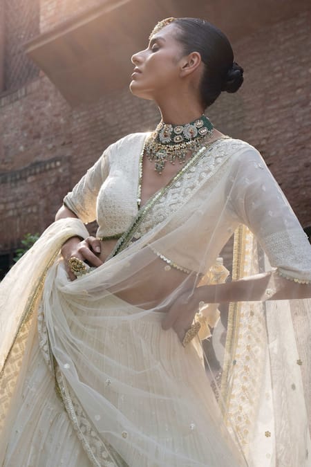 Buy Preevin Off White Chanderi Gold And Big Border Lehenga Set With Embroidered Dupatta Online at Aza Fashions Buy_Preevin_Off White Chanderi Gold And Big Border Lehenga Set With Embroidered Dupatta _Online_at_Aza_Fashions