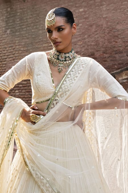 Shop Preevin Off White Chanderi Gold And Big Border Lehenga Set With Embroidered Dupatta Online at Aza Fashions Shop_Preevin_Off White Chanderi Gold And Big Border Lehenga Set With Embroidered Dupatta _Online_at_Aza_Fashions