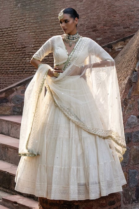 Preevin Off White Chanderi Gold And Big Border Lehenga Set With Embroidered Dupatta 