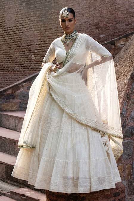 Buy Preevin Off White Chanderi Gold And Big Border Lehenga Set With Embroidered Dupatta Buy_Preevin_Off White Chanderi Gold And Big Border Lehenga Set With Embroidered Dupatta
