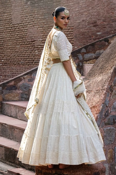Preevin Gold & Off White Big Border Lehenga Set With Embroidered Dupatta 