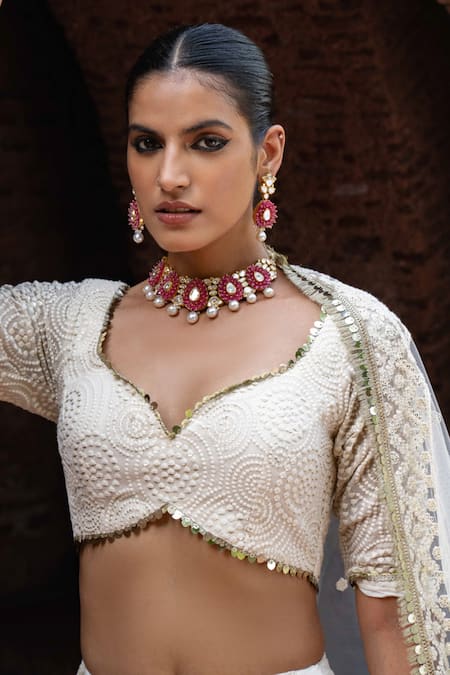 Preevin_Off White Chanderi Silk, Gold Circle And Line Lehenga Set With Dupatta _Online_at_Aza_Fashions