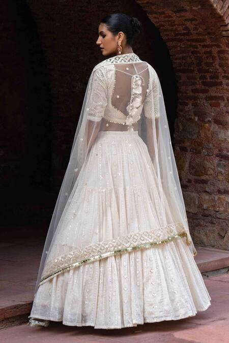 Buy_Preevin_Off White Chanderi Silk, Gold Circle And Line Lehenga Set With Dupatta _Online_at_Aza_Fashions