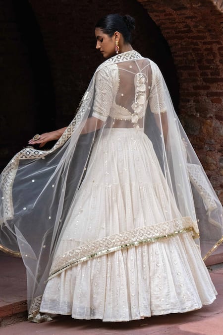 Preevin Gold Circle & Off White Line Lehenga Set With Embroidered Dupatta 