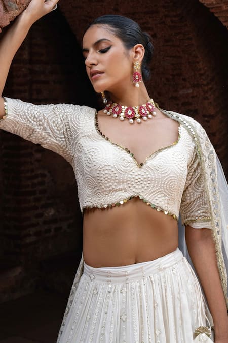 Shop_Preevin_Off White Chanderi Silk, Gold Circle And Line Lehenga Set With Dupatta _Online_at_Aza_Fashions