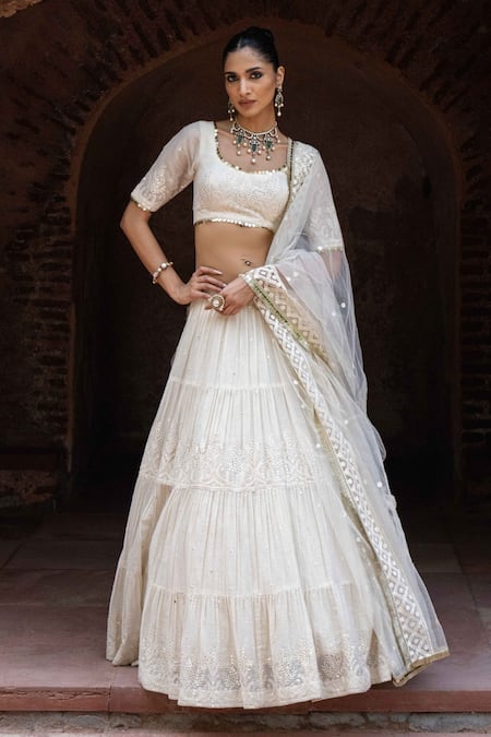 Preevin_Off White Chanderi Silk, Tulle Gold And Forest Lehenga Set With Dupatta _Online_at_Aza_Fashions