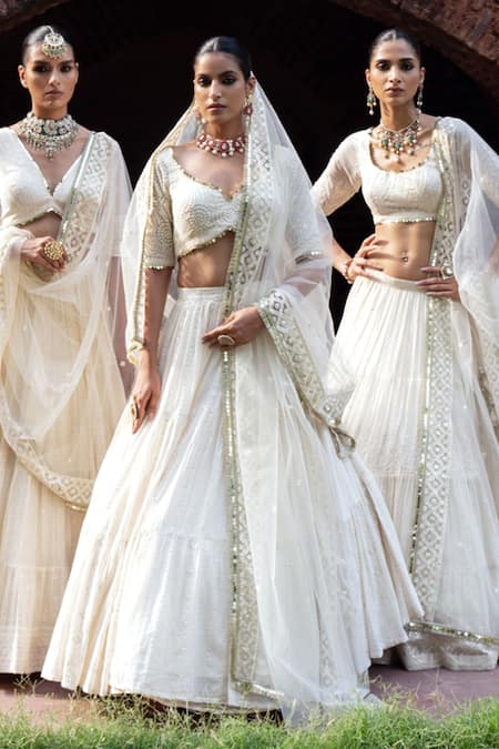 Buy_Preevin_Off White Chanderi Silk, Tulle Gold And Forest Lehenga Set With Dupatta _Online_at_Aza_Fashions