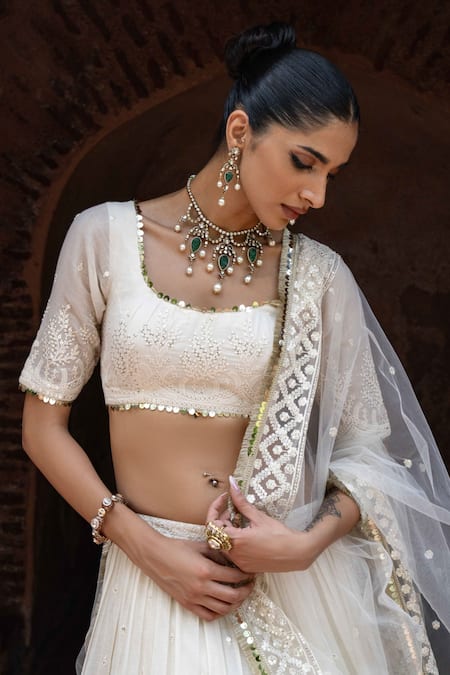Shop_Preevin_Off White Chanderi Silk, Tulle Gold And Forest Lehenga Set With Dupatta _Online_at_Aza_Fashions