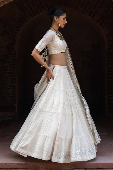 Preevin_Off White Chanderi Silk, Tulle Gold And Forest Lehenga Set With Dupatta _at_Aza_Fashions