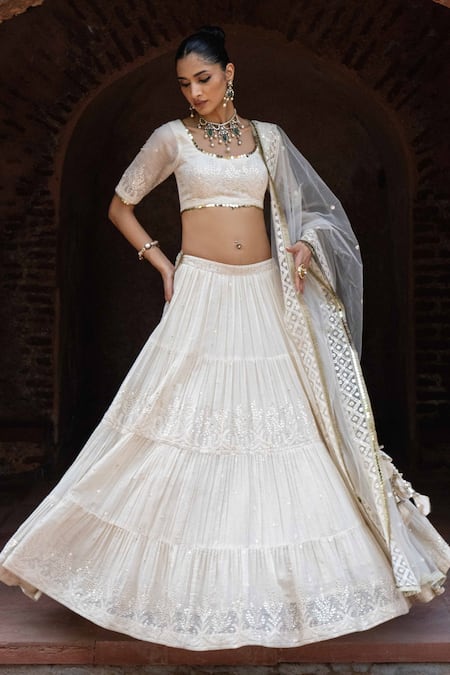 Preevin Off White Chanderi Silk, Tulle Gold And Forest Lehenga Set With Dupatta 
