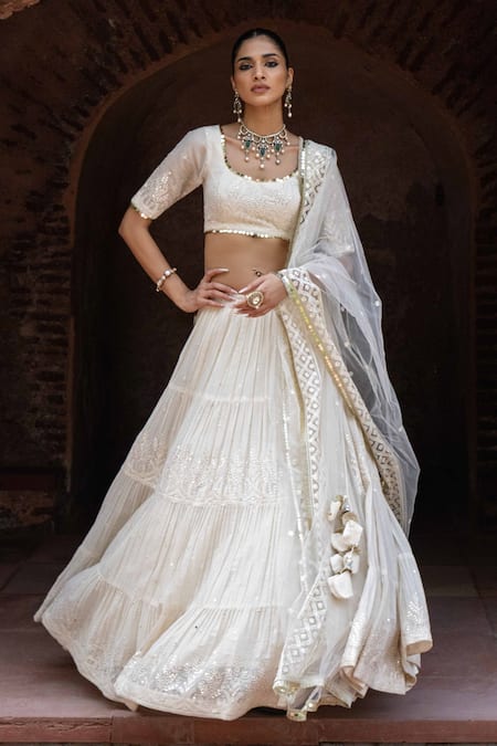 Buy_Preevin_Off White Chanderi Silk, Tulle Gold And Forest Lehenga Set With Dupatta 