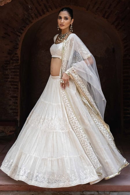 Shop_Preevin_Off White Chanderi Silk, Tulle Gold And Forest Lehenga Set With Dupatta 