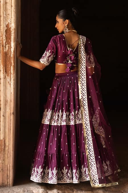 Preevin Wine Forest Lehenga Set With Embroidered Dupatta 