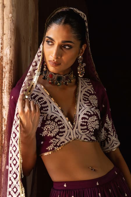 Preevin_Purple Chanderi Silk, Tulle Sequins, Wine Forest Lehenga Set With Dupatta _Online_at_Aza_Fashions