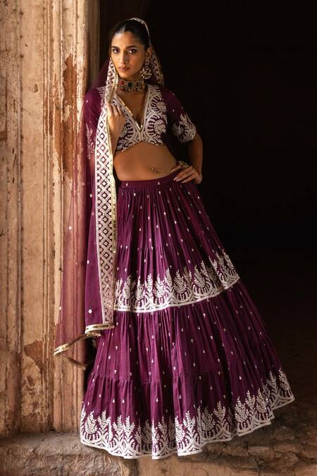 Buy_Preevin_Purple Chanderi Silk, Tulle Sequins, Wine Forest Lehenga Set With Dupatta _Online_at_Aza_Fashions