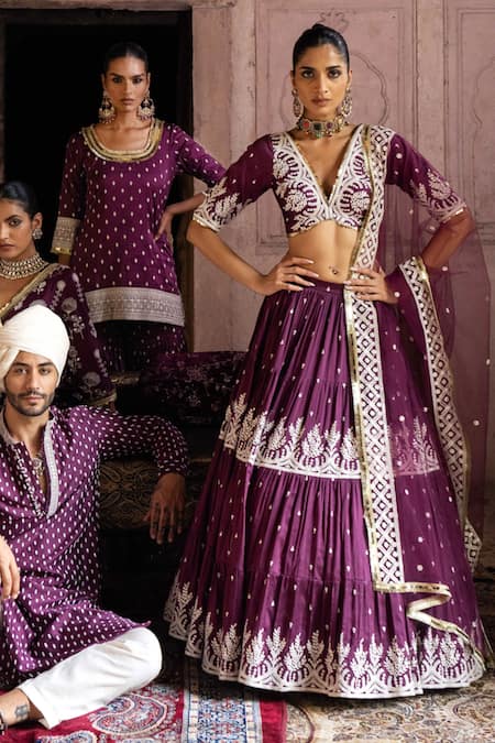 Preevin_Purple Chanderi Silk, Tulle Sequins, Wine Forest Lehenga Set With Dupatta _at_Aza_Fashions